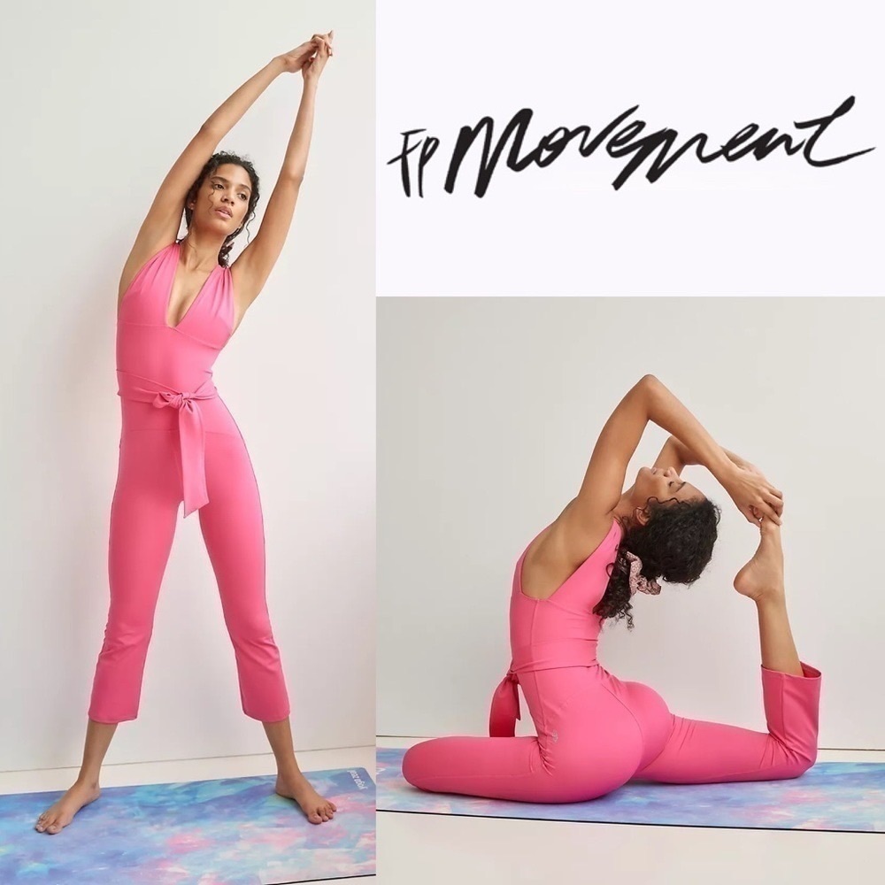 Free People Jumpsuit After Hours Flared Workout Athletic Belted Pink XS NWT